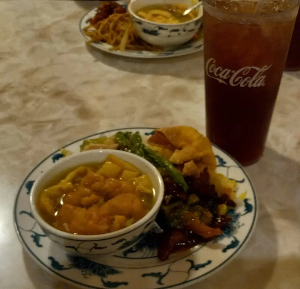 Bowl of Egg Drop Soup and Some Buffet Goodies